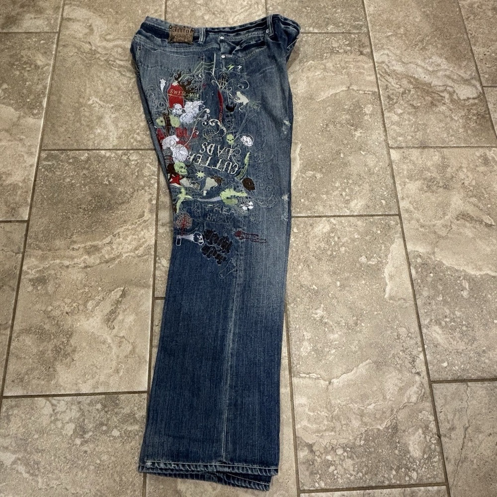 Artful Dodger Jeans Embroidered Eyes Baggy Vintage Y2K Streetwear 40 X 36